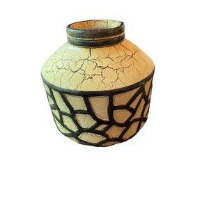Clay Pottery Black Off White Cream Abstract Crackle Vase Decor Art 6 In